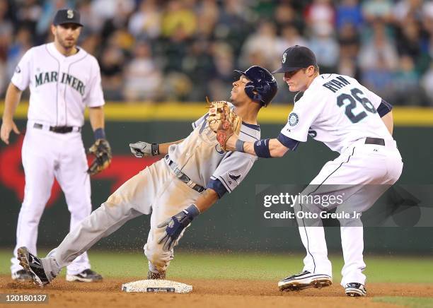 Desmond Jennings of the Tampa Bay Rays is tagged out trying to steal second base against shortstop Brendan Ryan of the Seattle Mariners at Safeco...