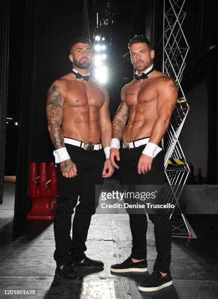 S Rogan O'Connor and Joss Mooney backstage at Chippendales at Rio All-Suite Hotel & Casino on January 24, 2020 in Las Vegas, Nevada.