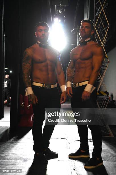 S Rogan O'Connor and Joss Mooney backstage at Chippendales at Rio All-Suite Hotel & Casino on January 24, 2020 in Las Vegas, Nevada.