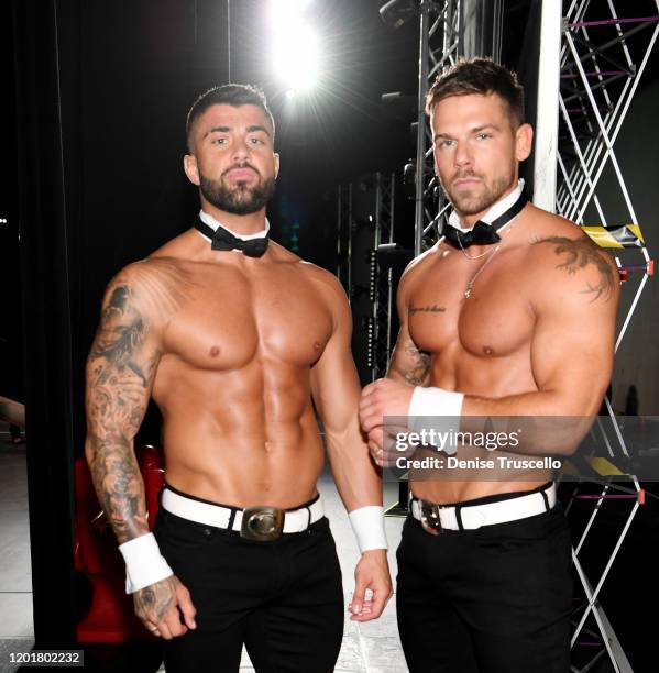 S Rogan O'Connor and Joss Mooney backstage at Chippendales at Rio All-Suite Hotel & Casino on January 24, 2020 in Las Vegas, Nevada.