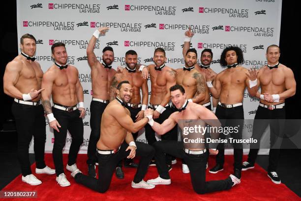 S Rogan O'Connor and Joss Mooney pose for a photo with the cast of Chippendales at Chippendales at Rio All-Suite Hotel & Casino on January 24, 2020...