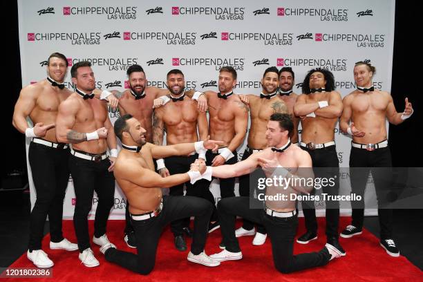 S Rogan O'Connor and Joss Mooney pose for a photo with the cast of Chippendales at Chippendales at Rio All-Suite Hotel & Casino on January 24, 2020...