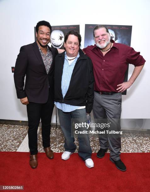 Rico E. Anderson, Chris Oneliner and Michael Thomas Daniel attend the premiere of "Get Gone" at Arena Cinelounge on January 24, 2020 in Hollywood,...