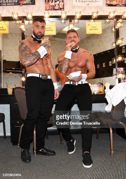 S Rogan O'Connor and Joss Mooney backstage at Chippendales at Rio All-Suite Hotel & Casino on January 24, 2020 in Las Vegas, Nevada.