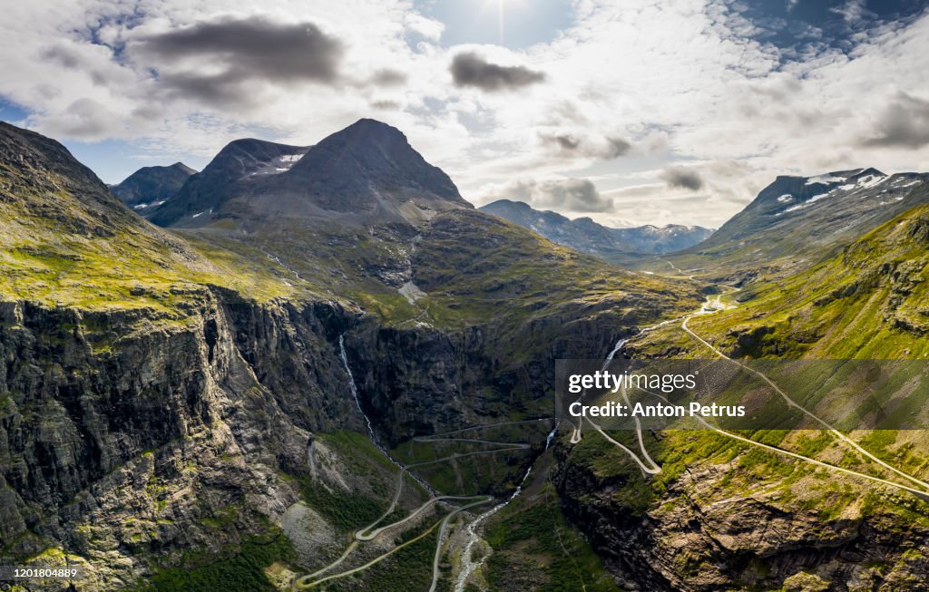 Trollstigen or Trolls Path - serpentine mountain road. Norway, aerial view