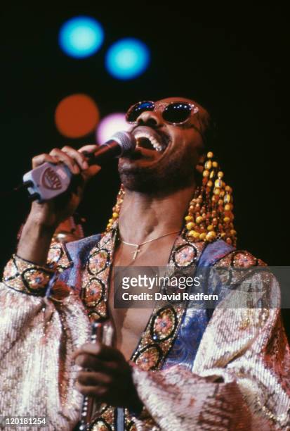 American singer, songwriter, musician and record producer Stevie Wonder performs live on stage during one of six nights of his 'Hotter Than July...