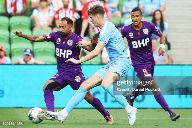 Diego Castro of the Glory and Jack Hendry of Melbourne City contest the ball during the round 16 A-League match between Melbourne City and the Perth...