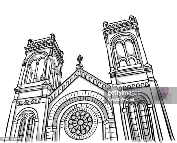church low angle sketch - rose window stock illustrations