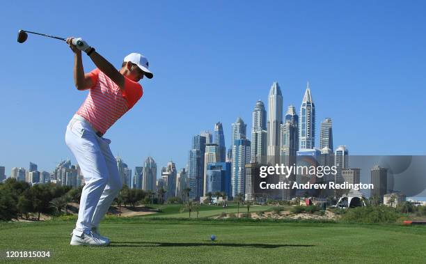 Sergio Garcia of Spain hits his tee-shot on the eighth hole during Day Three of the Omega Dubai Desert Classic at Emirates Golf Club on January 25,...