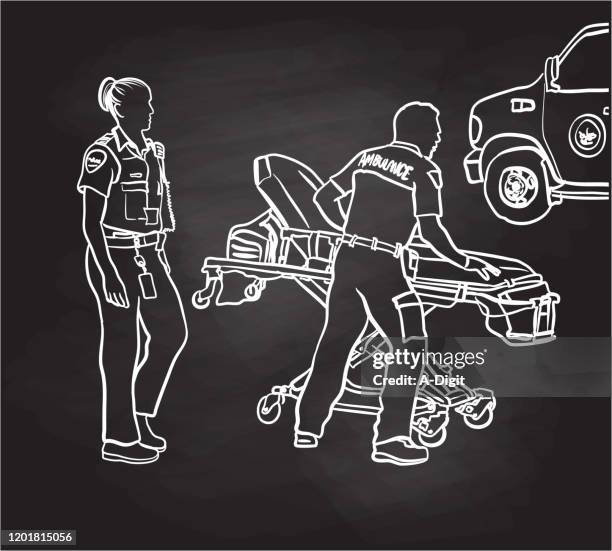 ilustraciones, imágenes clip art, dibujos animados e iconos de stock de primeros respondedores en la pizarra de carrera - urgencias-hospital