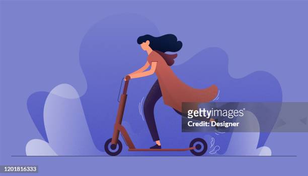 vector illustration of young woman riding electric scooter. flat modern design for web page, banner, presentation etc. - push scooter stock illustrations