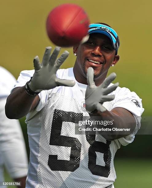 Carolina Panthers linebacker Thomas Davis warms up on the sideline prior to practice at Gibbs Stadium on the campus of Wofford College in...