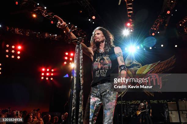 Honoree Steven Tyler of music group Aerosmith performs onstage during MusiCares Person of the Year honoring Aerosmith at West Hall at Los Angeles...