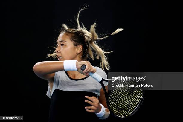 Zarina Diyas of Kazakhstan plays a forehand during the Women's Singles third round match against Kiki Bertens of the Netherlands on day six of the...