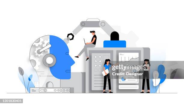 vektor-illustration des künstlichen intelligenz-konzepts. flaches modernes design für webseiten, banner, präsentation usw. - künstliches neuronales netz stock-grafiken, -clipart, -cartoons und -symbole