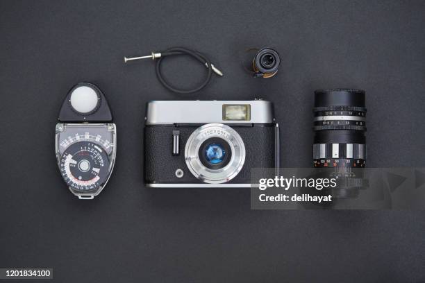flat lay photography equipment - film canister stock pictures, royalty-free photos & images