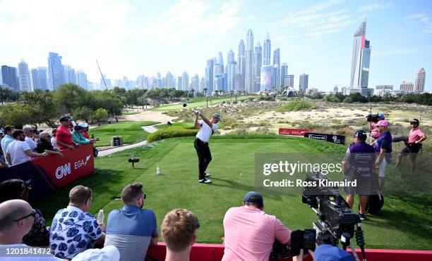 Robert Karlsson of Sweden tees off on the par four 8th hole during the third round of the Omega Dubai Desert Classic at Emirates Golf Club on January...