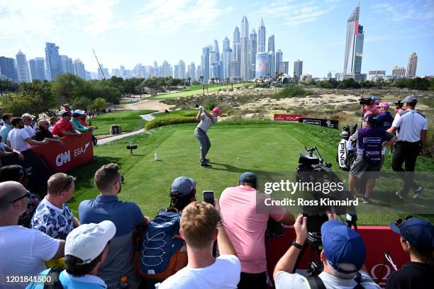 Eddie Pepperell of England tees off on the par four 8th hole during the third round of the Omega Dubai Desert Classic at Emirates Golf Club on...