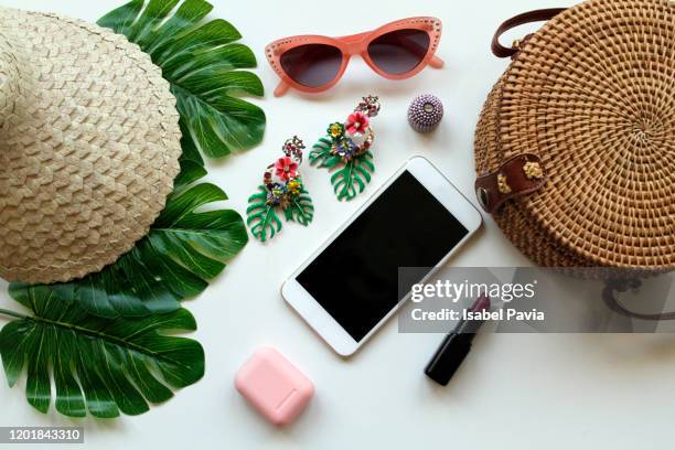 summer woman complements flat lay - sunglasses overhead stock pictures, royalty-free photos & images