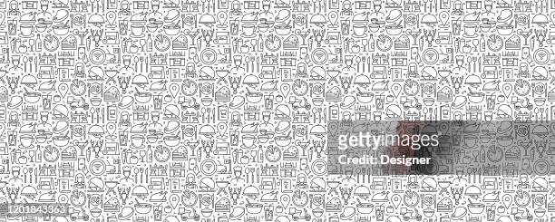 restaurant related seamless pattern and background with line icons - appetizer stock illustrations