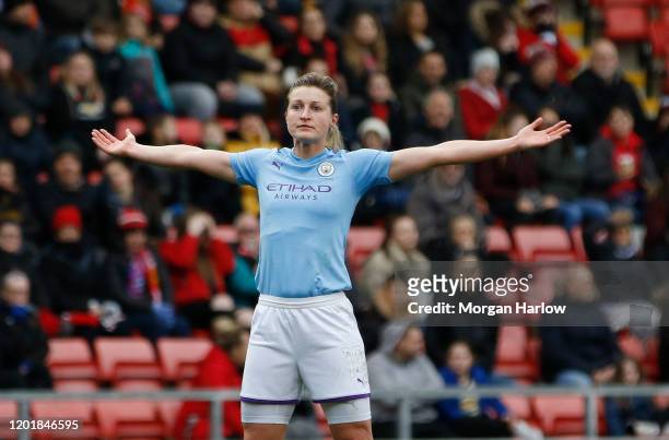 Ellen White of Manchester City celebrates after scoring his team's first goal during the Women's FA Cup Fourth Round match between Manchester United...