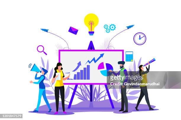 illustrazioni stock, clip art, cartoni animati e icone di tendenza di strategie di business digitali, creazione di un piano di strategia aziendale, generazione di report. grafico di crescita - strategia