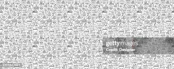 illustrations, cliparts, dessins animés et icônes de spa elements seamless pattern and background with line icons - masseur