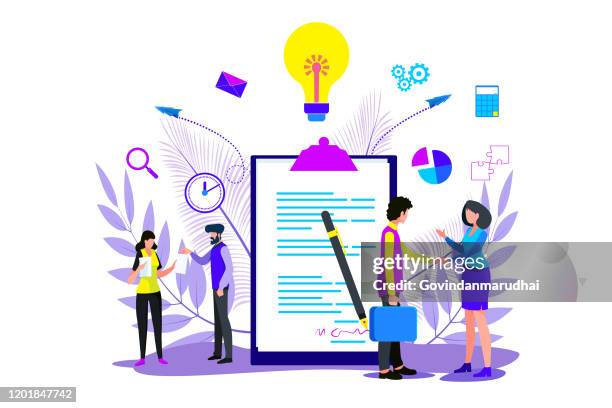 agreement. business people standing on a signed contract. concept business - new job stock illustrations