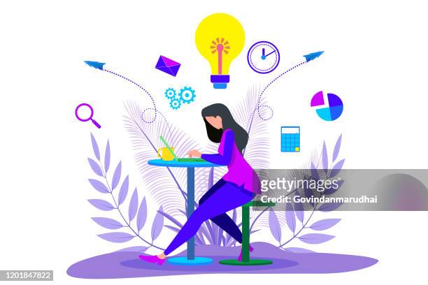 girl working on laptop and  businessman standing - facial expressions flat design character stock illustrations