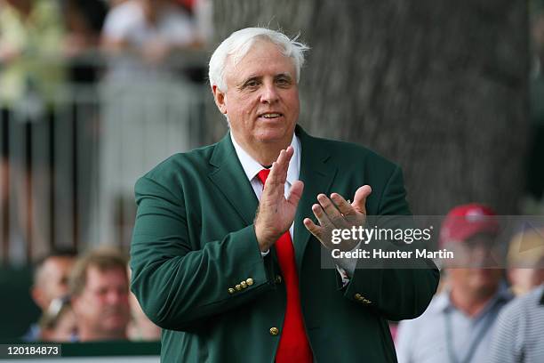 Jim Justice, owner of The Greenbrier Resort, applauds on the 18th tee during the final round of The Greenbrier Classic at The Old White TPC on July...