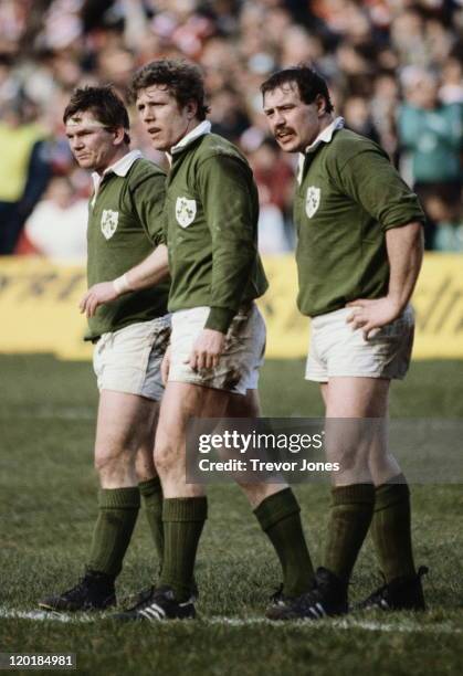 Ciaran Fitzgerald and Fergus Slattery of Ireland during the Five Nations Championship game against France on 19th February 1983 at Lansdowne Road in...