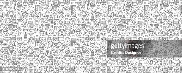 pet shop related seamless pattern and background with line icons - dog stock illustrations stock illustrations