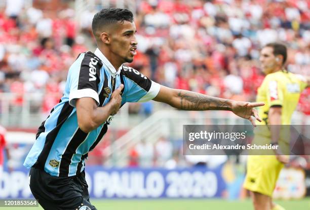 Fabricio of Gremio celebrates after scoring the first goal of his team during the match against Internacional for the Copa Sao Paulo de Futebol...