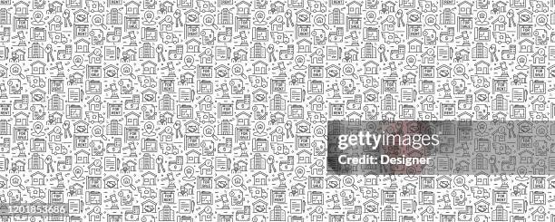 real estate related seamless pattern and background with line icons - home ownership icon stock illustrations