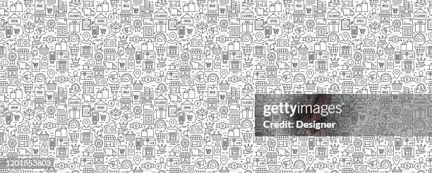 shopping and retail seamless pattern and background with line icons - boutique stock illustrations stock illustrations