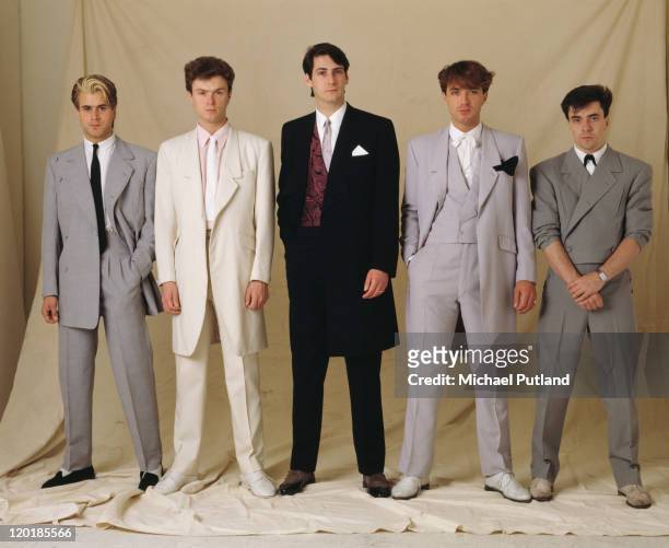 English pop group Spandau Ballet, circa 1985. Left to right: saxophonist Steve Norman, guitarist Gary Kemp, singer Tony Hadley, bassist Martin Kemp...