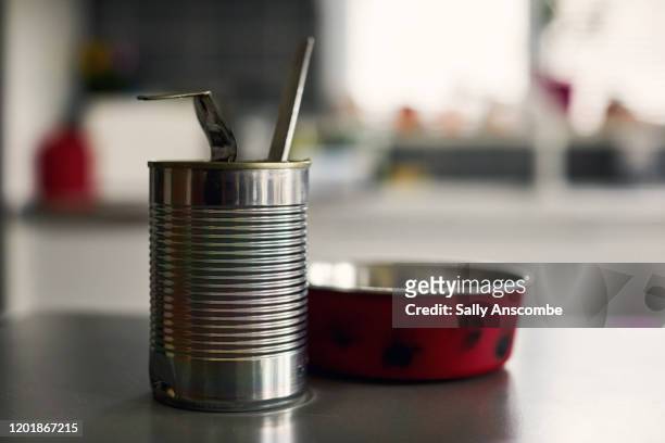 tin of dog food with dogs bowl - pet food stock pictures, royalty-free photos & images