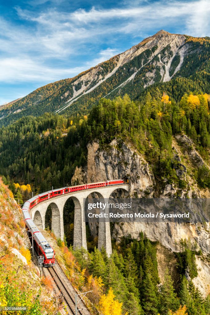 Bernina Express Train on Landwasser Viaduct, Switzerland