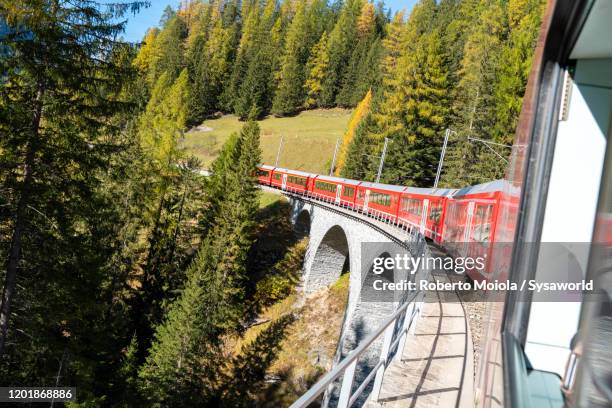 bernina express train traveling in autumn, albula valley, switzerland - glacier express stock pictures, royalty-free photos & images
