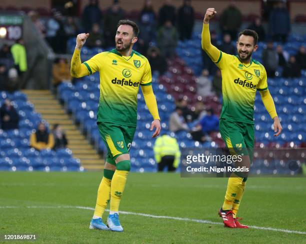 Josip Drmic of Norwich City celebrates with teammate Patrick Roberts after scoring his team's second goal during the FA Cup Fourth Round match...