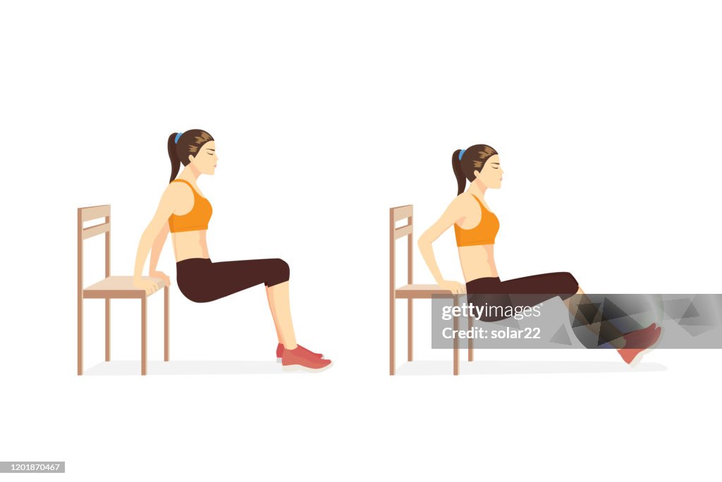 Woman doing Triceps Dips with bench in 2 step for exercise guide.