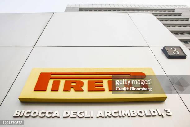 The Pirelli company name is displayed on the exterior of the Pirelli & C. SpA headquarters in Milan, Italy, on Wednesday, Feb. 19, 2020. Pirelli is...