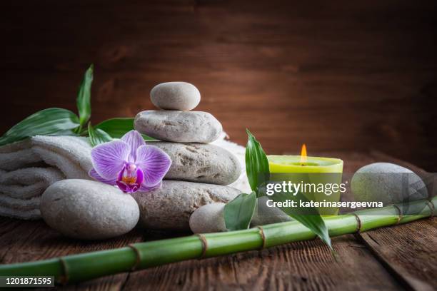 pedras de equilíbrio zen branco, uma flor de orquídea, uma planta de bambu e uma vela em uma mesa de madeira - folha de bambu - fotografias e filmes do acervo