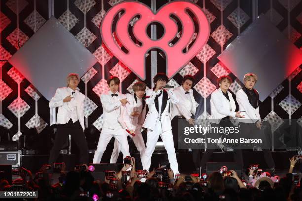 Suga, Jin, Jungkook, RM, Jimin, and J-Hope of BTS performs during the iHeartRadio KIIS FM's Jingle Ball show at the Forum on December 06, 2019 in...