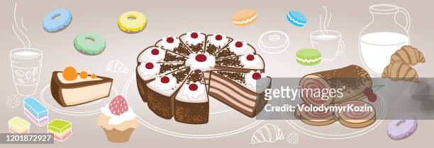 horizontale reihe von desserts und gebäck, symbolisiert ein café - drawing art product stock-grafiken, -clipart, -cartoons und -symbole