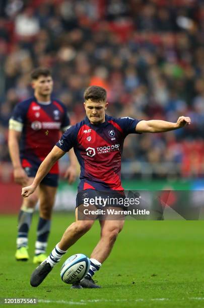 Callum Sheedy of Bristol Bears converts a penalty during the Gallagher Premiership Rugby match between Bristol Bears and Gloucester Rugby at Ashton...