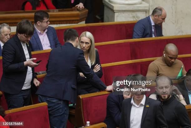 The lawmakers of Ukrainian Parliament discuss the amendments to the land market law during the session in Kyiv, Ukraine, February 19, 2020. Ukrainian...