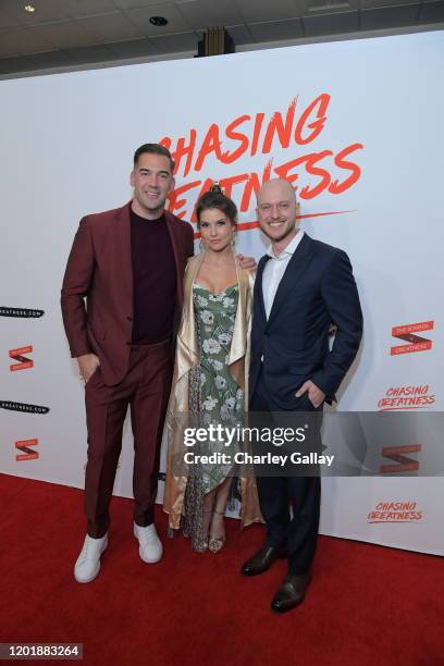 Lewis Howes and Amanda Cerny and Johannes Bartl attend Lewis Howes Documentary Live Premiere: Chasing Greatness at Pacific Theatres at The Grove on...