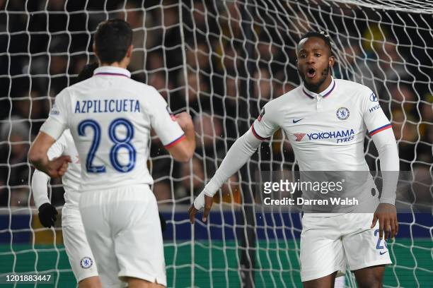 Michy Batshuayi of Chelsea celebrates after scoring his team's first goal during the FA Cup Fourth Round match between Hull City FC and Chelsea FC at...