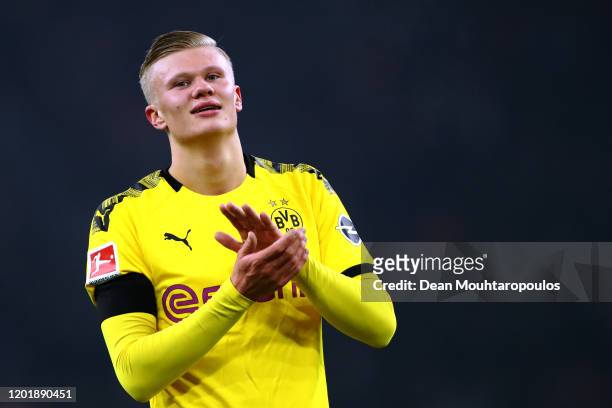 Erling Haaland of Borussia Dortmund thanks the fans after victory in the Bundesliga match between Borussia Dortmund and 1. FC Koeln at Signal Iduna...